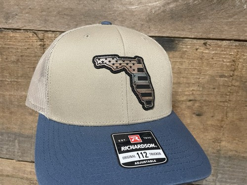 Florida Outline w/ US Flag Inlaid - Weathered Wood Grain on Khaki/Legion Blue