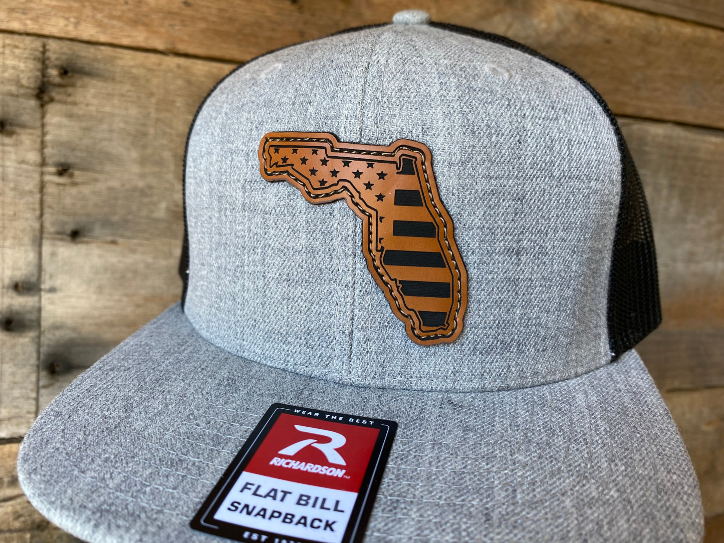 Florida Outline w/ US Flag Inlaid - Buckskin on heather Grey/Black Flat Bill