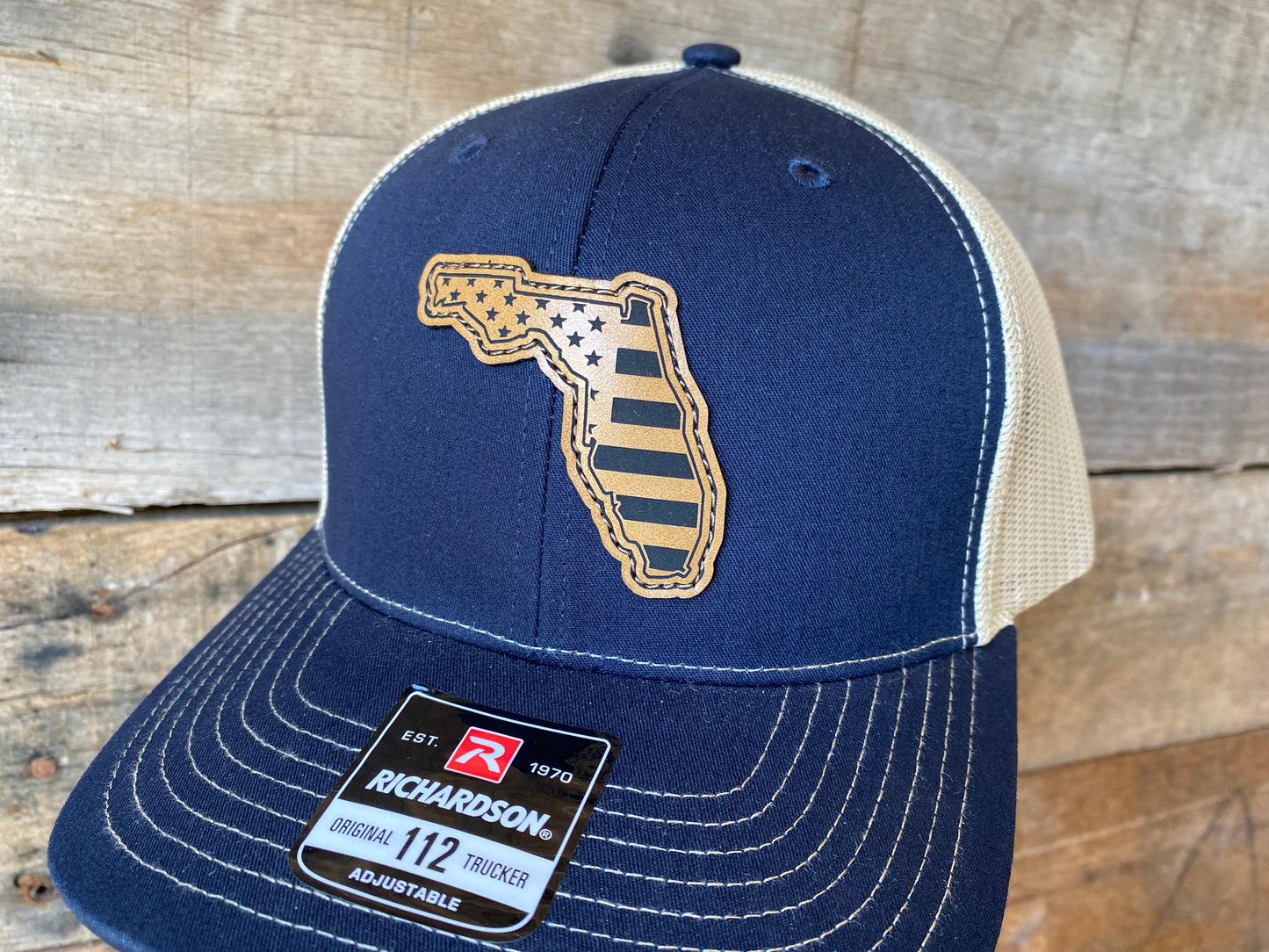 Florida Outline w/ US Flag Inlaid - Tan on Navy/Khaki