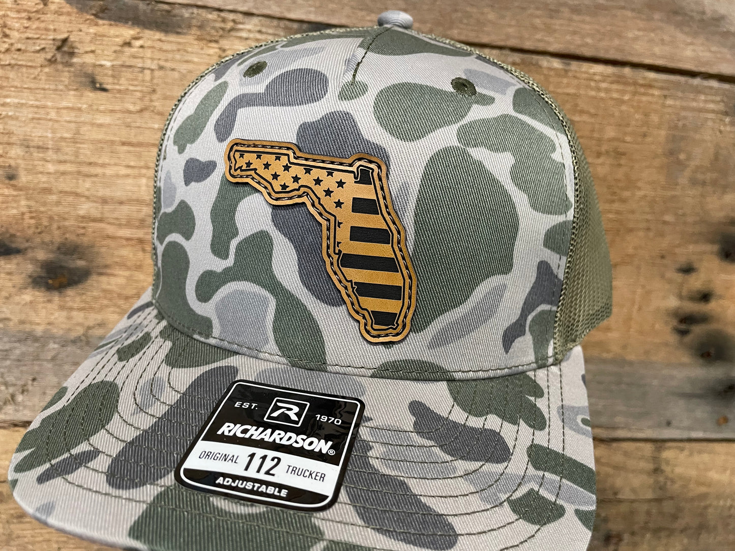 Florida State Outline w/ US Flag Engraved - Tan - Marsh Duck Camo