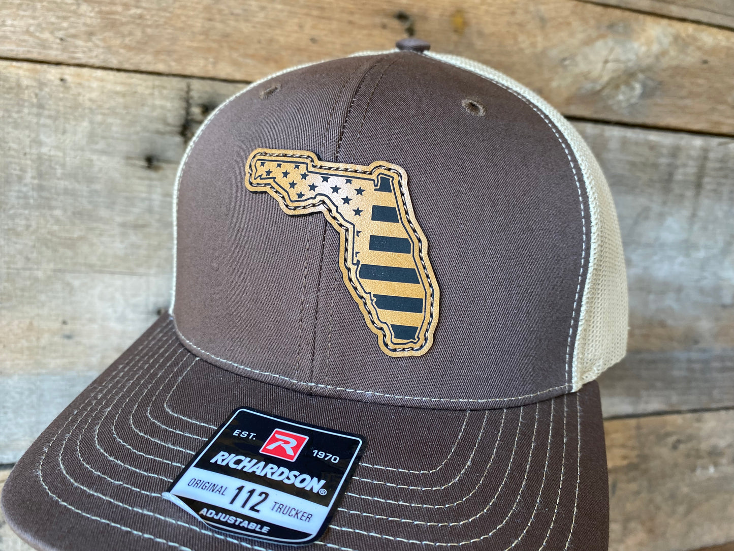 Florida Outline w/ US Flag Inlaid - Tan on Brown/Khaki