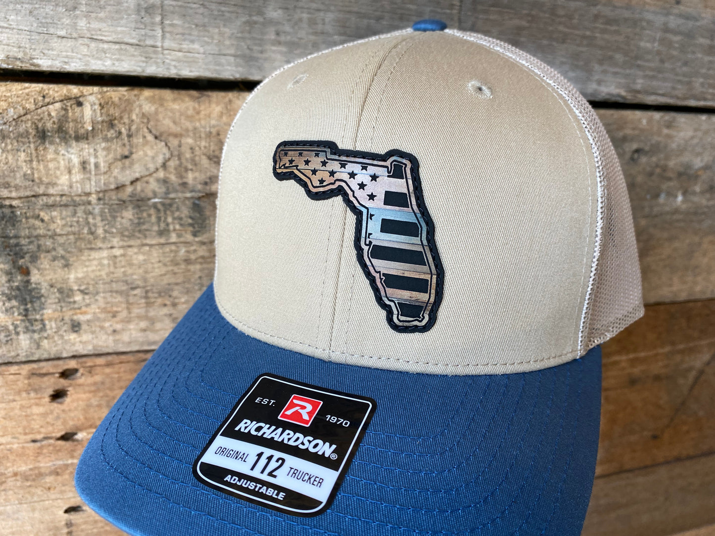 Florida Outline w/ US Flag Inlaid - Weathered Wood Grain on Khaki/Legion Blue