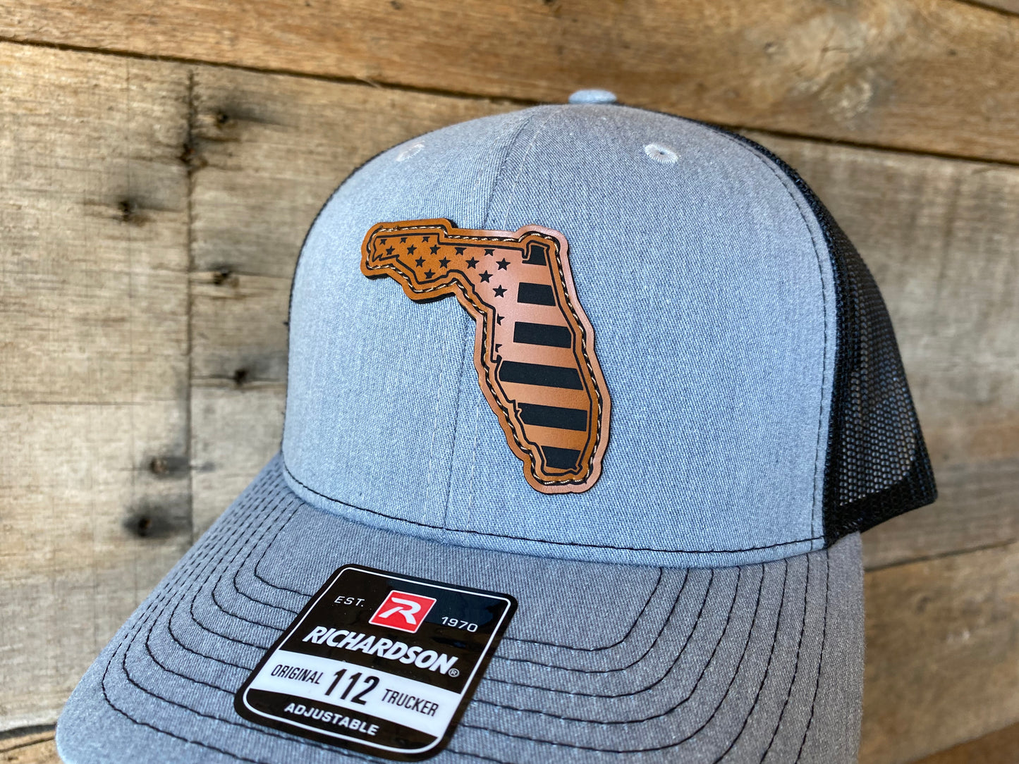 Florida Outline w/ US Flag Inlaid - Buckskin on Heather Grey/Black