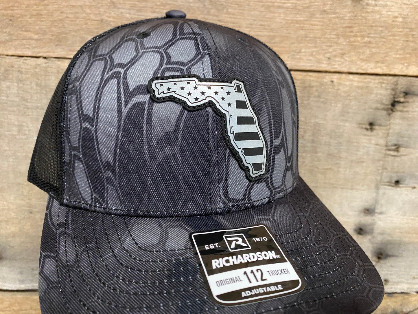 Florida Outline w/ US Flag Inlaid - Silver on Kryptek Typhon