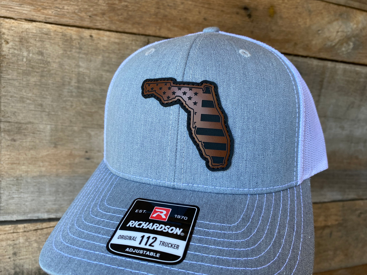 Florida Outline w/ US Flag Inlaid - Walnut on Heather Grey/White