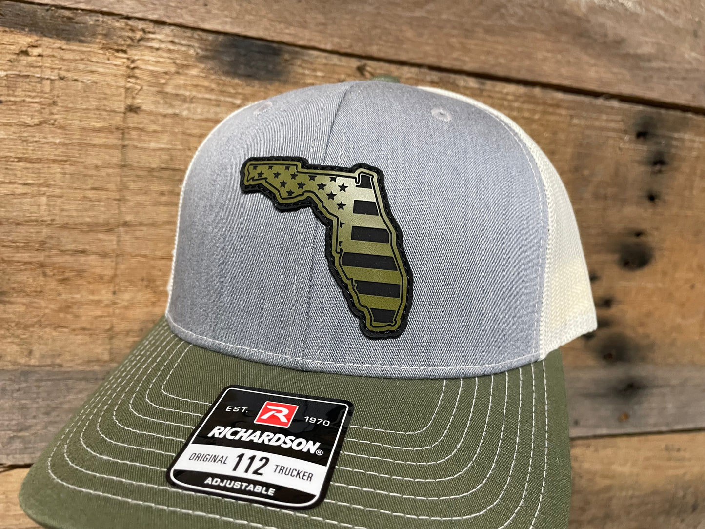Florida State Outline w/ US Flag - Olive - Heather Grey/Birch/Olive