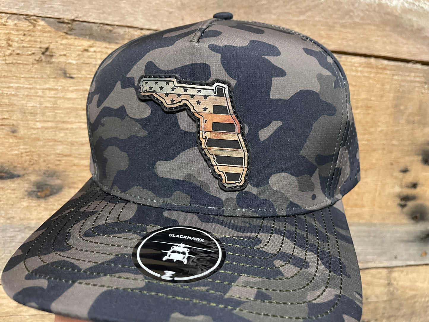 Florida State Outline w/ US Flag Engraved - Weathered Wood - Olive Camo