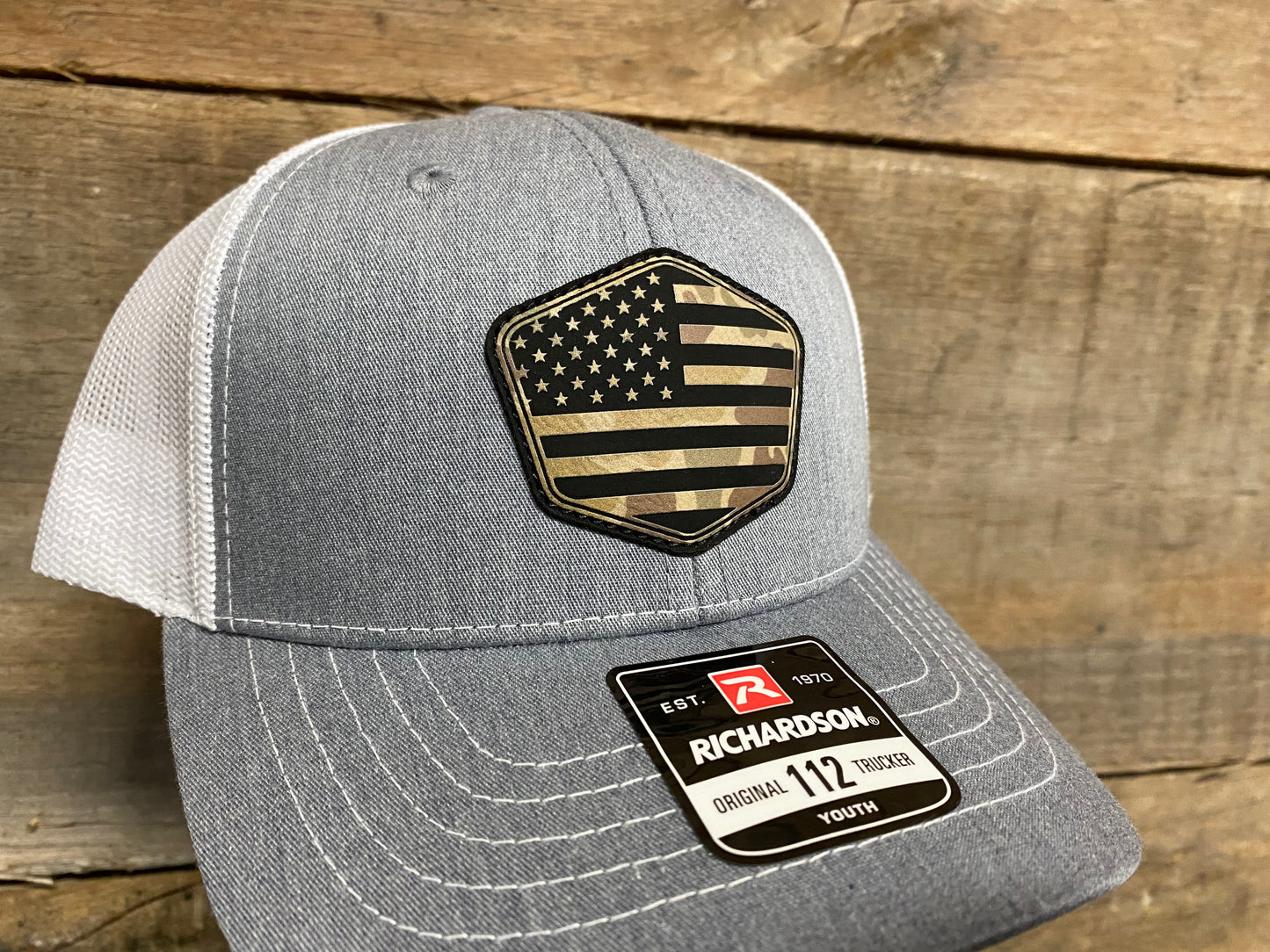 Youth US Flag 1 - Duck Camo on Heather Grey/White