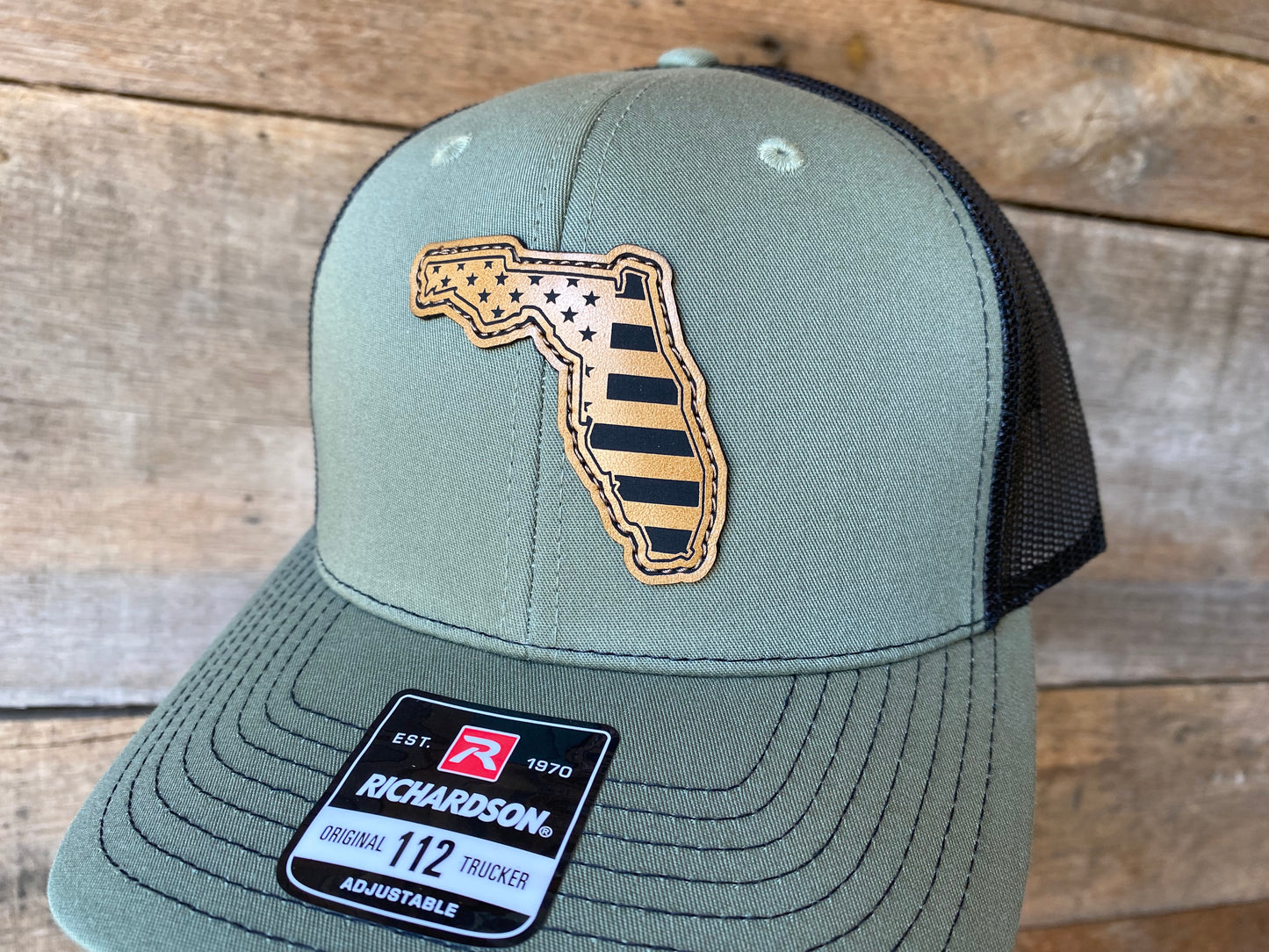 Florida Outline w/ US Flag Inlaid - Tan on Loden/Black