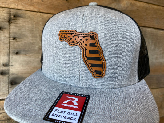 Florida Outline w/ US Flag Inlaid - Buckskin on heather Grey/Black Flat Bill