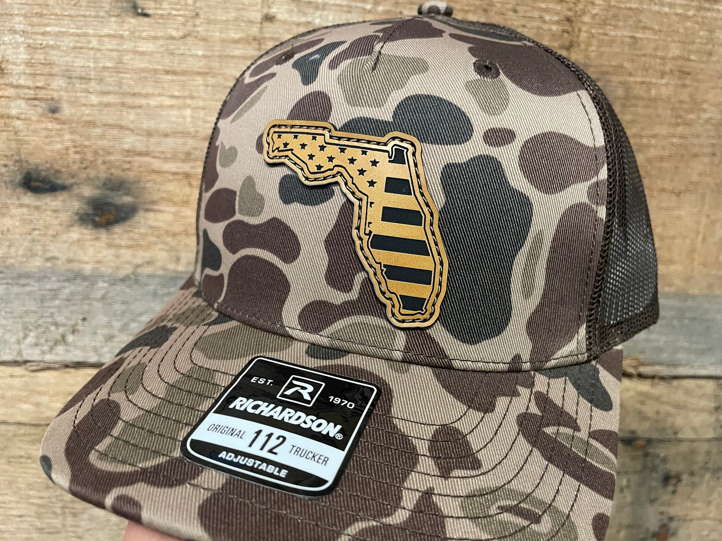 Florida State Outline w/ US Flag Engraved - Tan - Bark Duck Camo