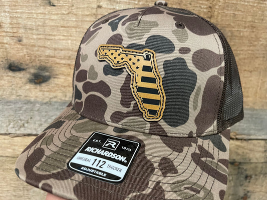 Florida State Outline w/ US Flag Engraved - Tan - Bark Duck Camo