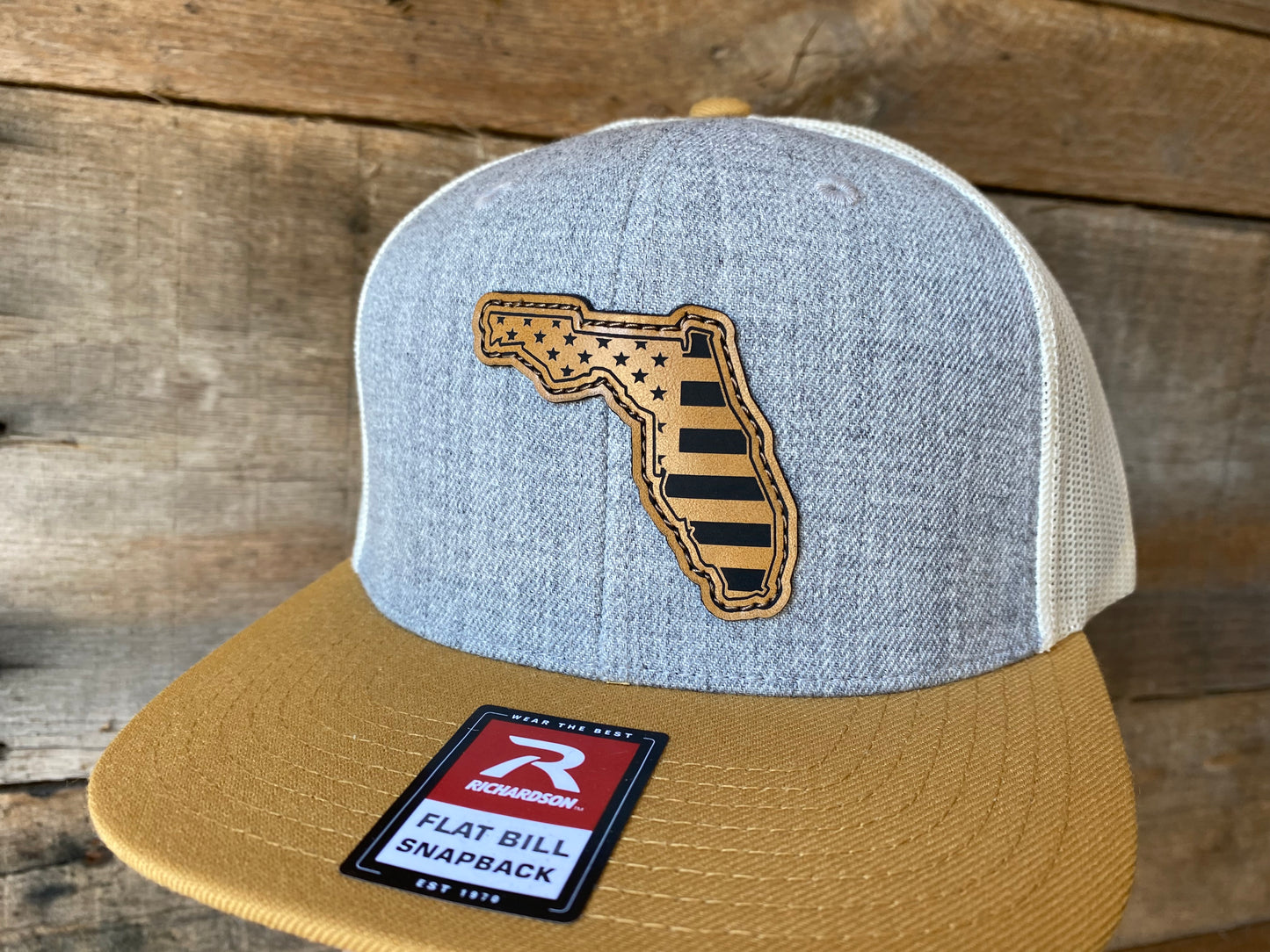 Florida Outline w/ US Flag Inlaid - Tan on Heather Grey/Birch/Amber Flat Bill