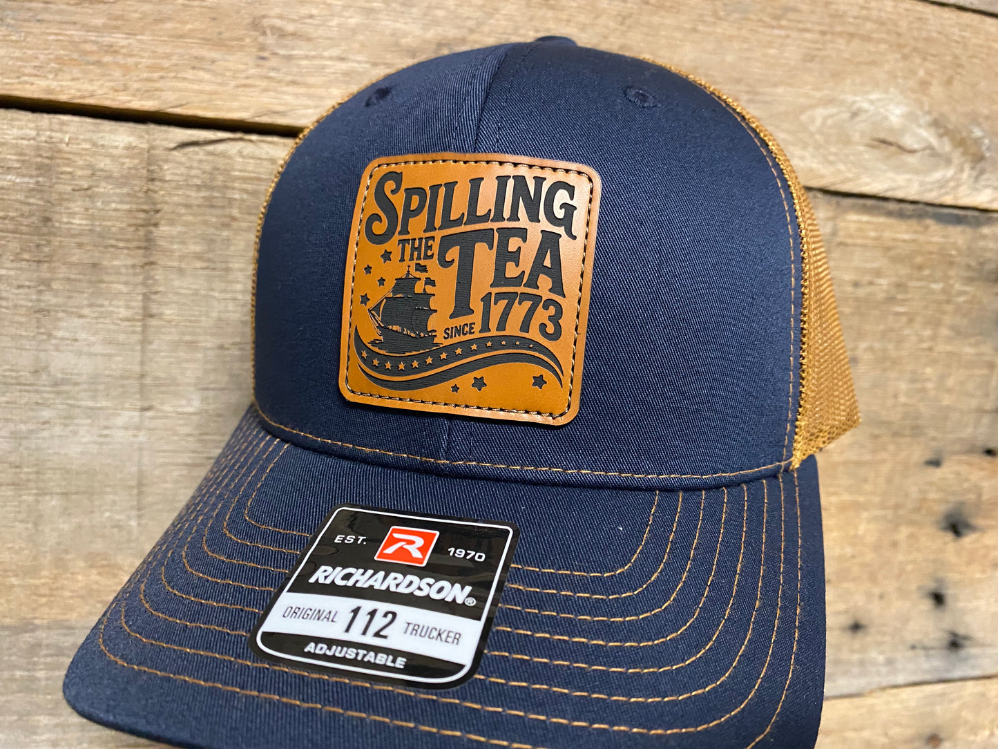 Spilling the Tea - Buck on Navy/Caramel