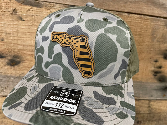Florida State Outline w/ US Flag Engraved - Tan - Marsh Duck Camo