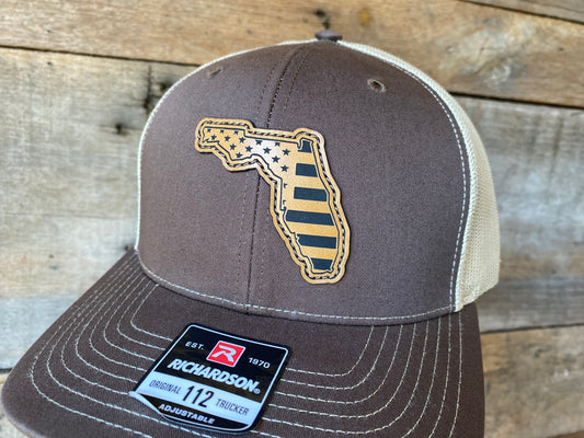 Florida Outline w/ US Flag Inlaid - Tan on Brown/Khaki