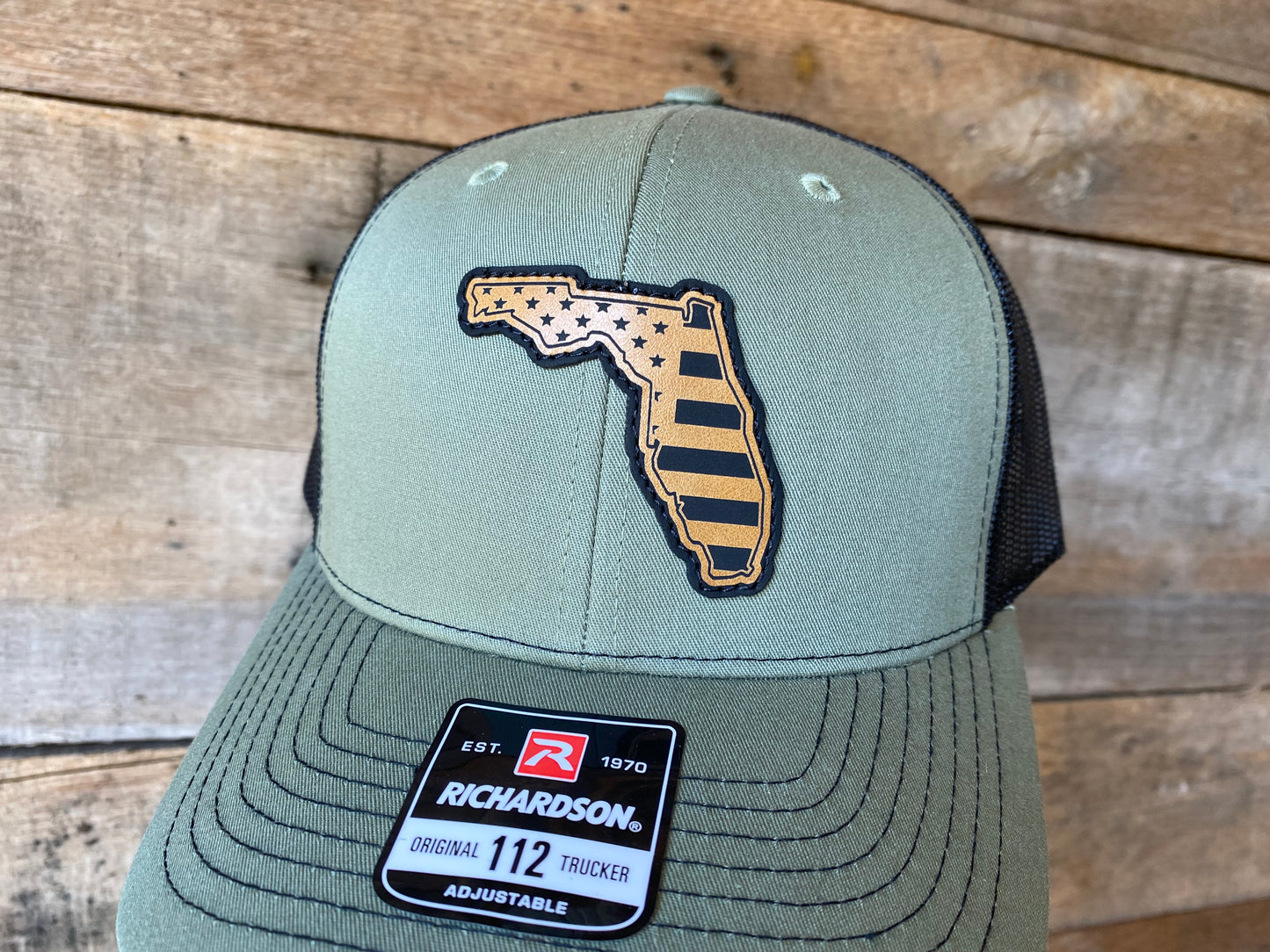 Florida Outline w/ US Flag Inlaid - Tan on Loden/Black