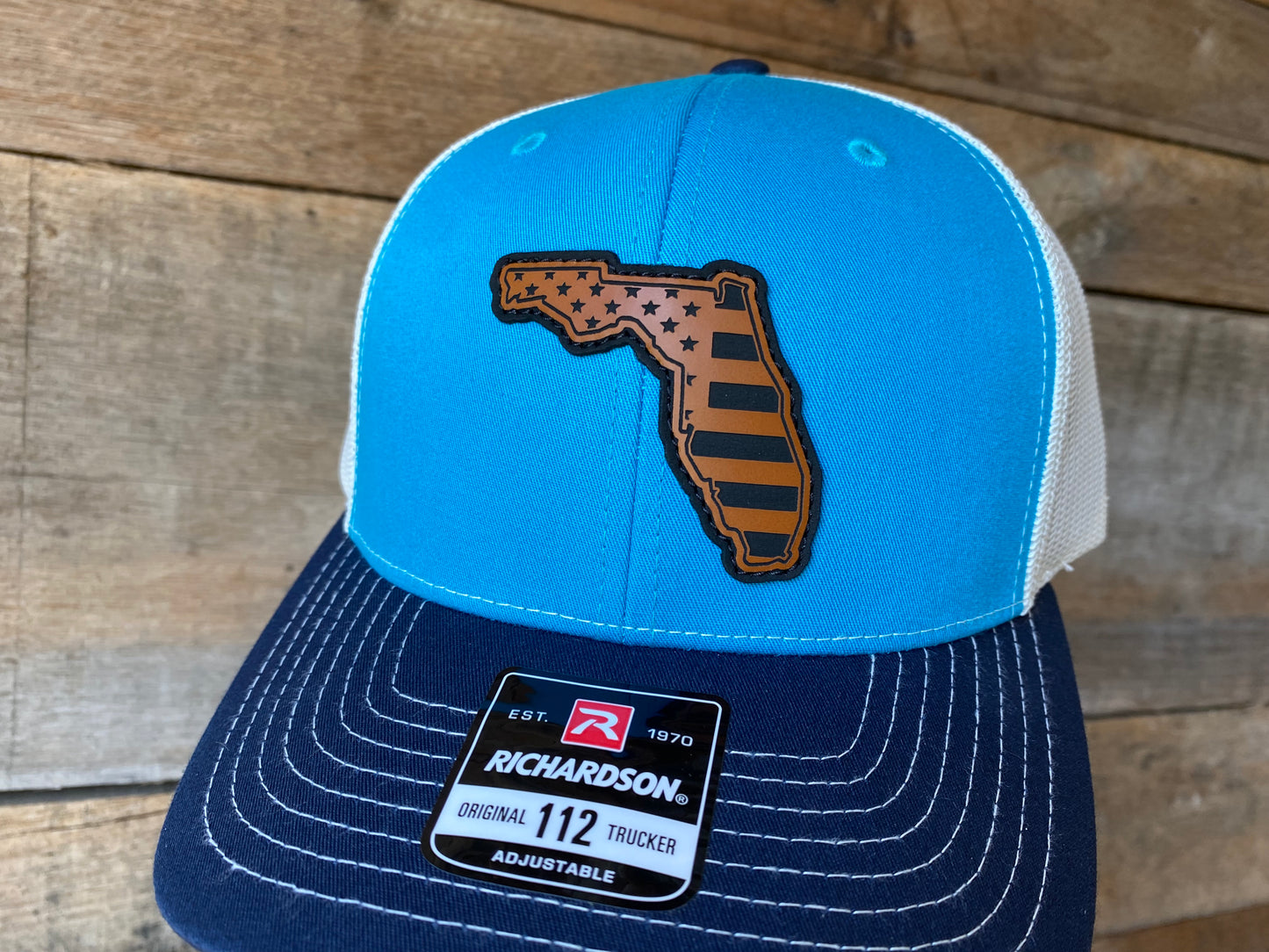 Florida Outline w/ US Flag Inlaid - Rawhide on Blue/Birch/Navy