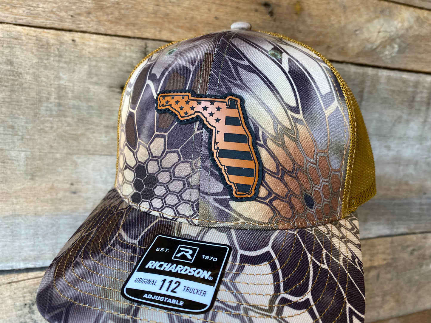 Florida Outline w/ US Flag Inlaid - Buckskin on Kryptek Highlander