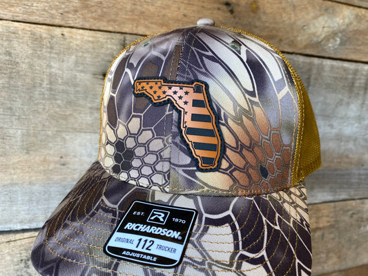 Florida Outline w/ US Flag Inlaid - Buckskin on Kryptek Highlander