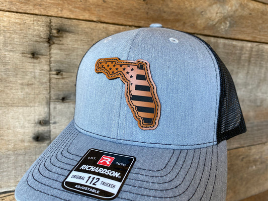 Florida Outline w/ US Flag Inlaid - Buckskin on Heather Grey/Black