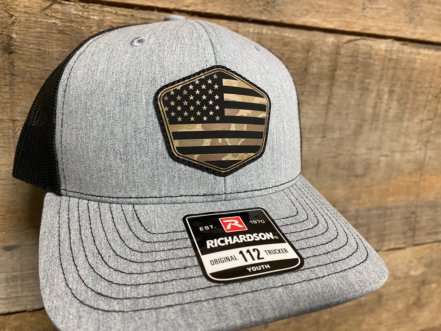 Youth US Flag 1 - Duck Camo on Heather Grey/Black