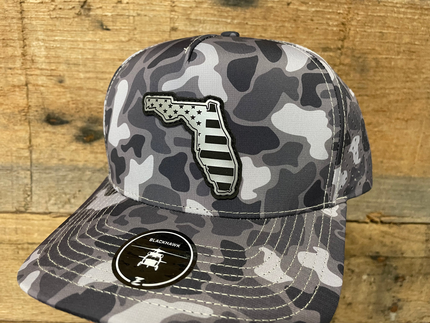 Florida State Outline w/ US Flag Engraved - Silver - Grey Camo