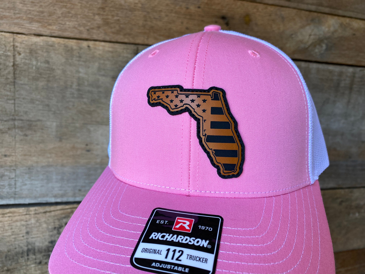 Florida Outline w/ US Flag Inlaid - Rawhide on Pink/White