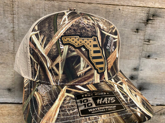 Florida Outline w/ US Flag Inlaid - Tan on Mossy Oak Blades 1010