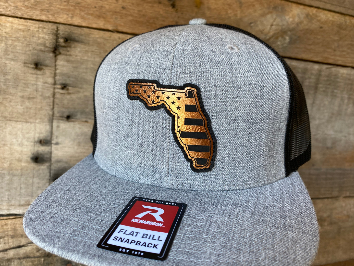Florida Outline w/ US Flag Inlaid - Copper on heather Grey/Black Flat Bill