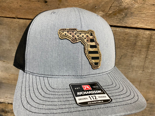 Florida Outline w/ US Flag Inlaid - Duck Camo on Heather Grey/Black