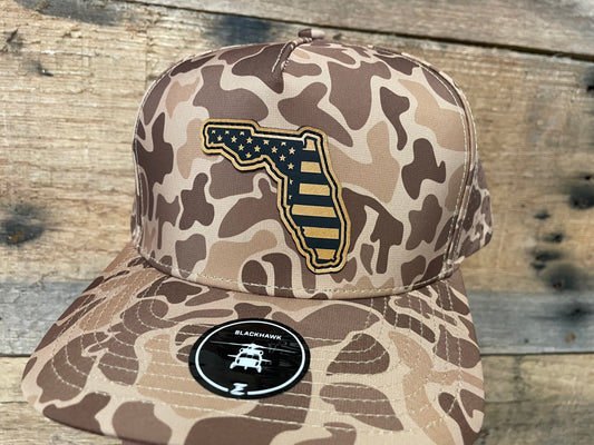 Florida Outline US Flag Duck Camo Hat - Tan - Duck Camo