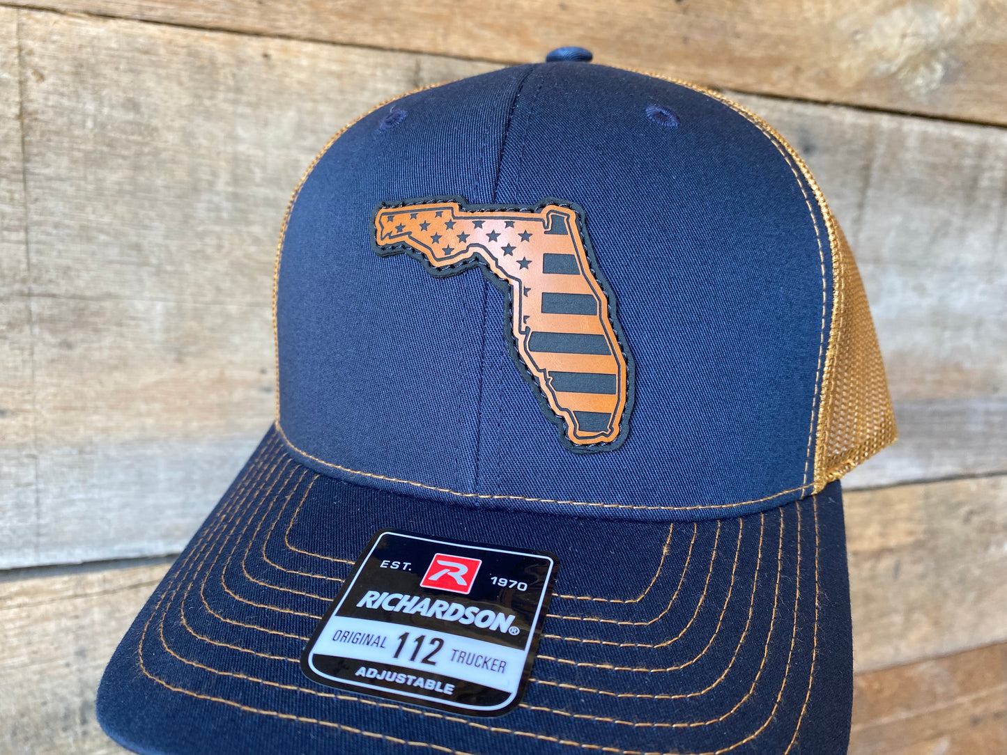 Florida Outline w/ US Flag Inlaid - Buckskin on Navy/Caramel