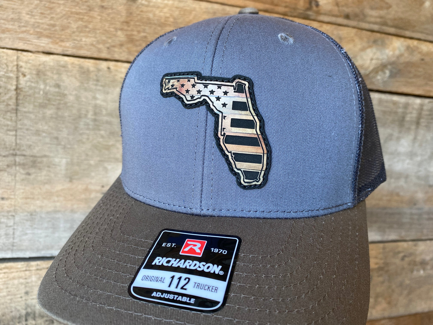 Florida Outline w/ US Flag Inlaid - Weathered Wood on Gunmetal/ChocChip