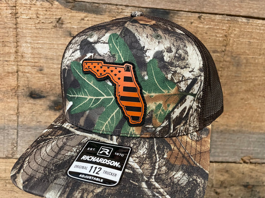 Florida State Outline w/ US Flag Engraved - Orange - Realtree Edge
