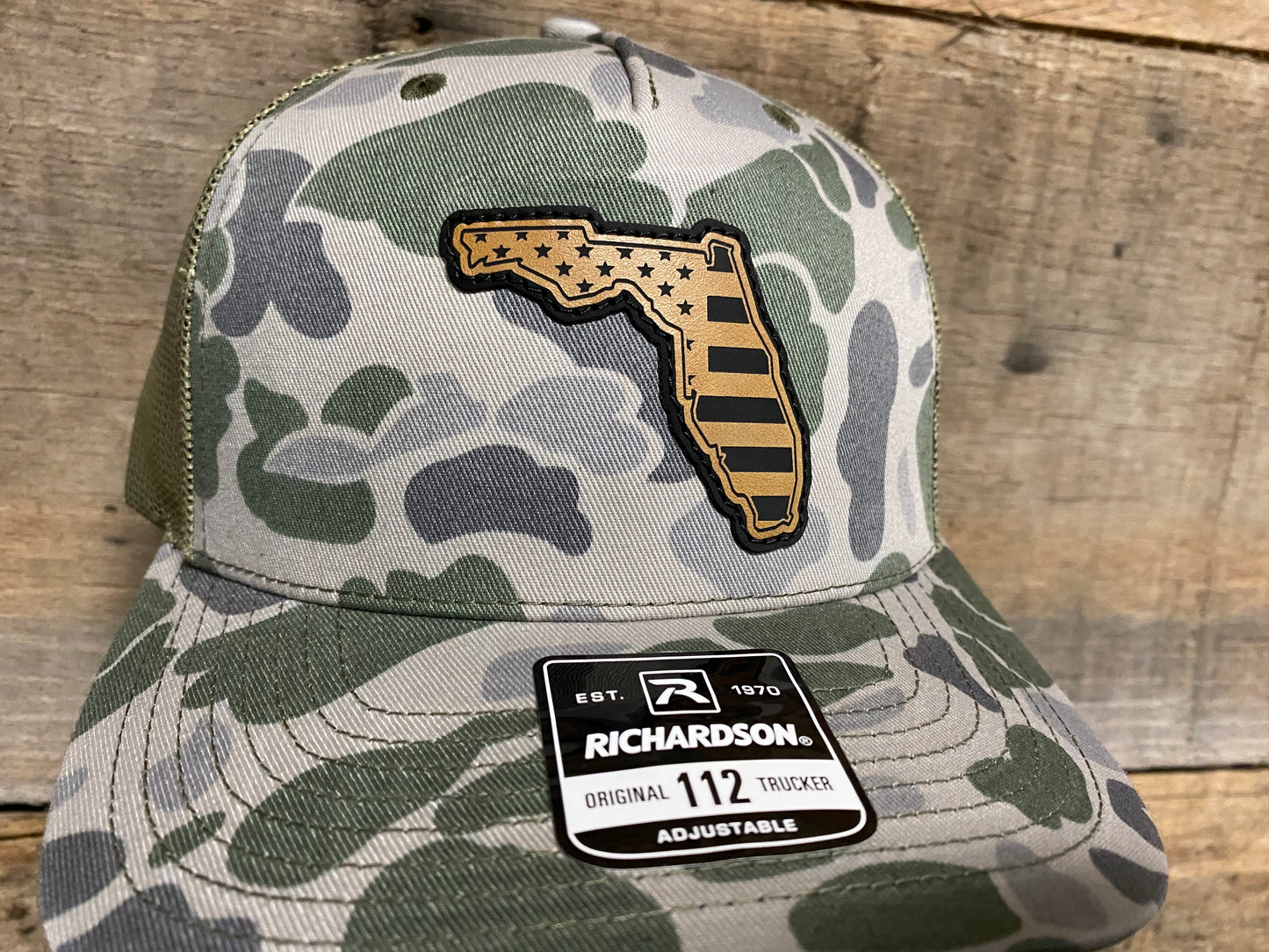 Florida Outline w/ US Flag Inlaid - Tan on Marsh Duck Camo