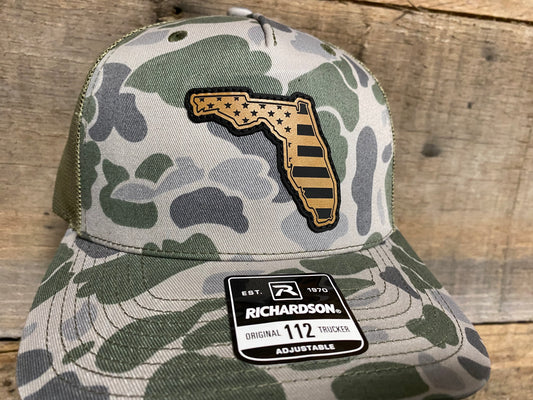 Florida Outline w/ US Flag Inlaid - Tan on Marsh Duck Camo