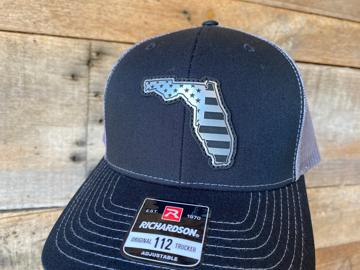 Florida Outline w/ US Flag Inlaid - Silver on Black/Charcoal