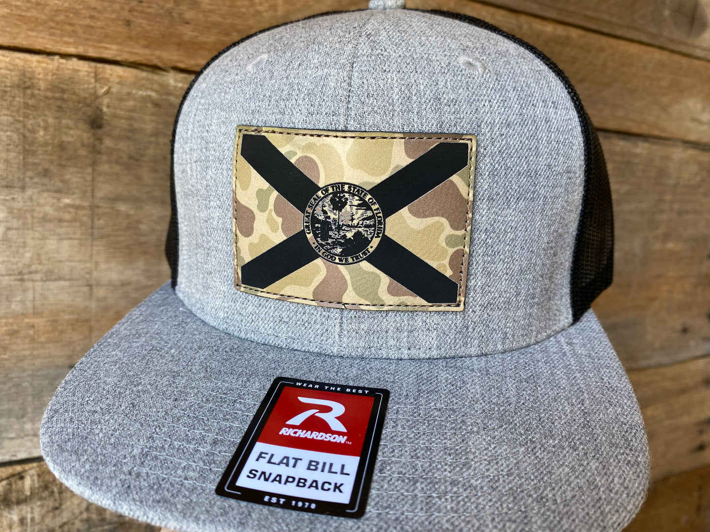Florida State Flag - Duck Camo on Heather Grey/Black Flat Bill