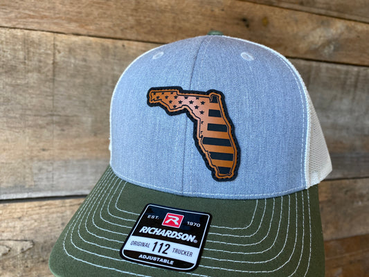Florida Outline w/ US Flag Inlaid - Rawhide on Heather Grey/Birch/Green