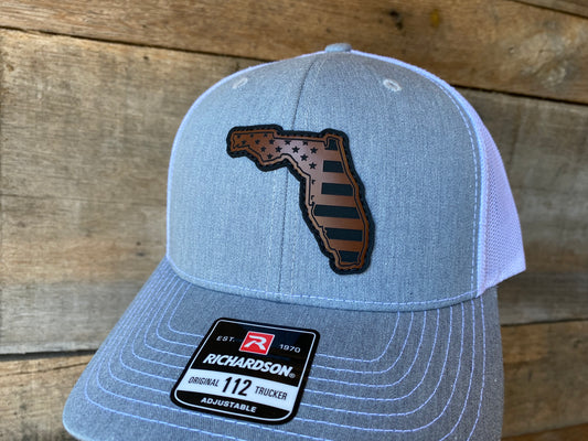 Florida Outline w/ US Flag Inlaid - Walnut on Heather Grey/White