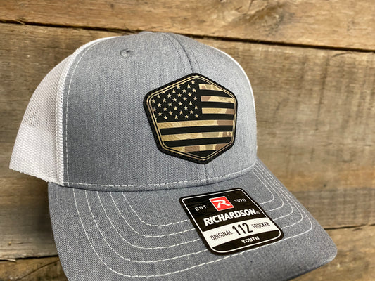 Youth US Flag 1 - Duck Camo on Heather Grey/White