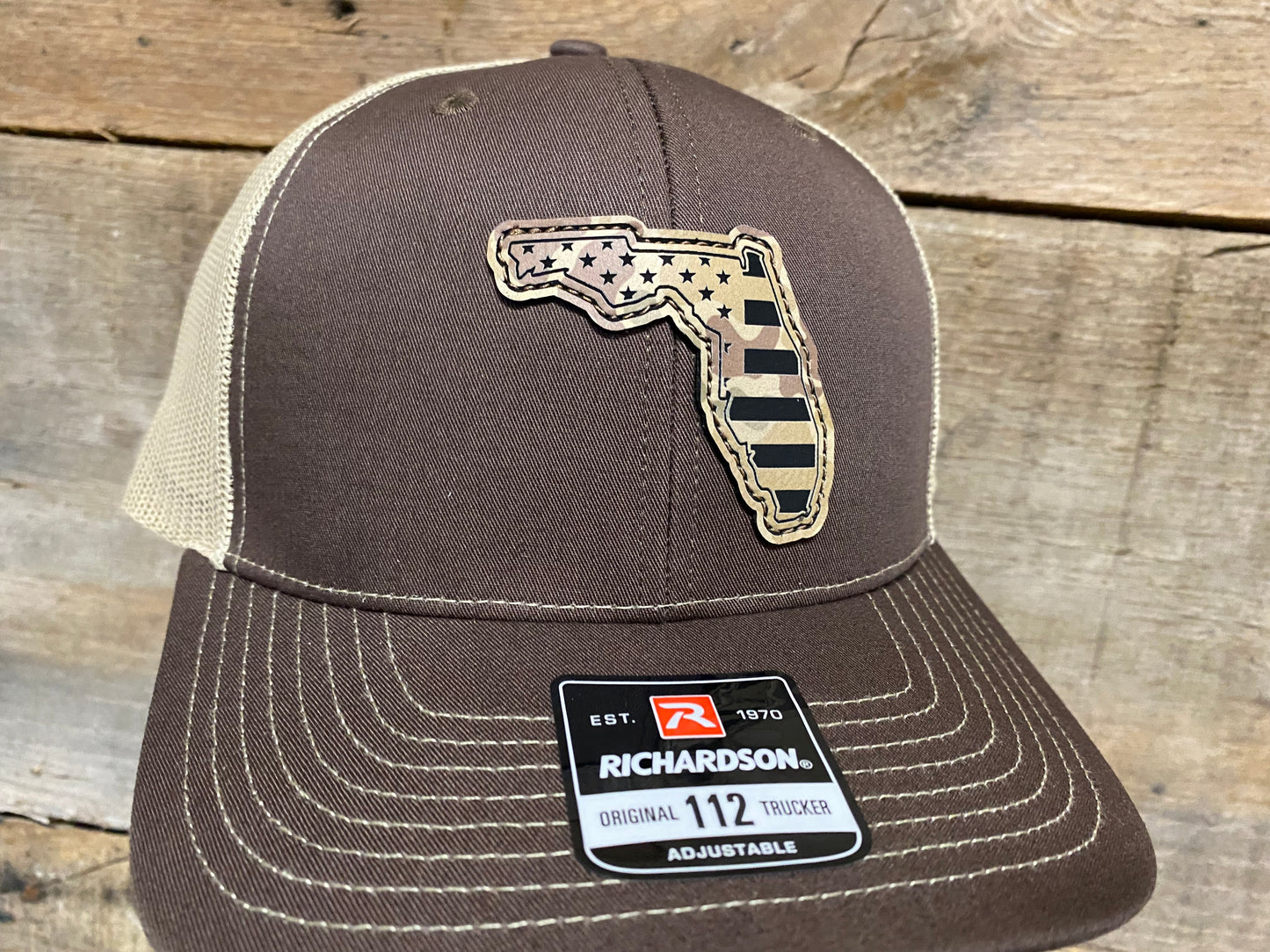 Florida Outline w/ US Flag Inlaid - Duck Camo on Brown/Khaki