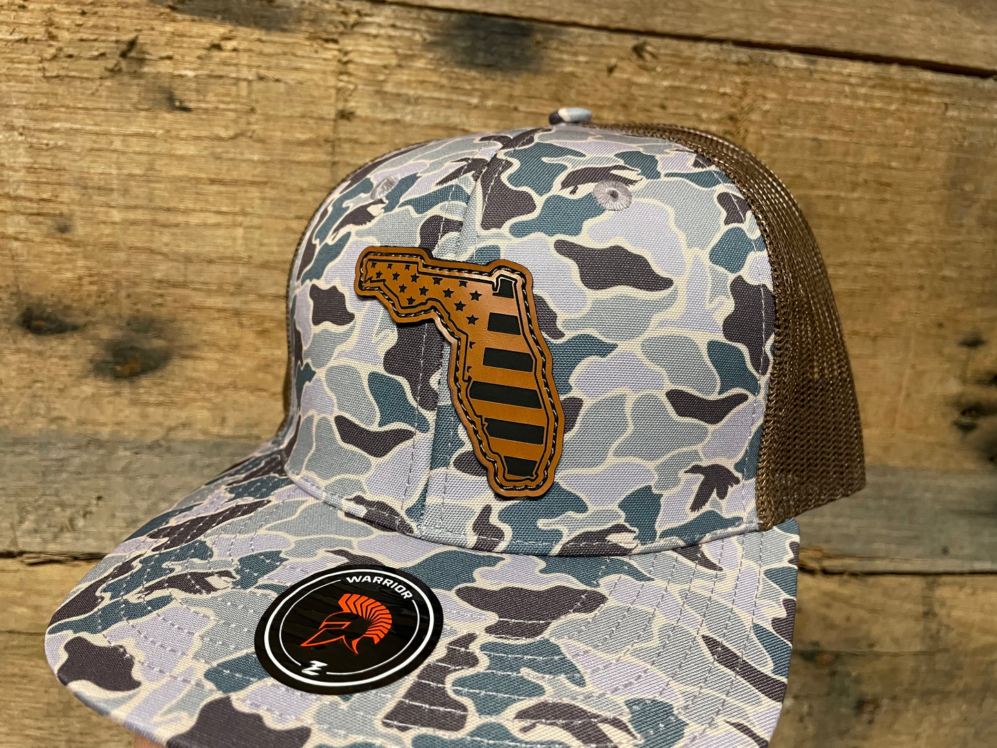 Florida Outline w/ US Flag Inlaid - Rawhide - Ducks Camo