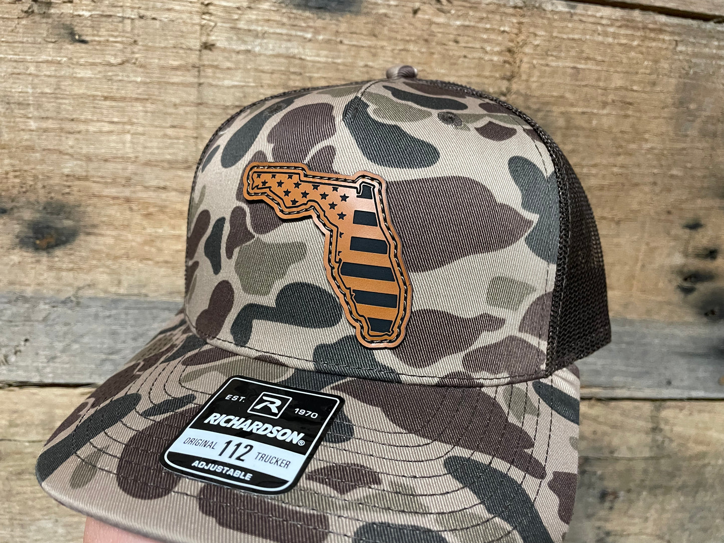 Florida Outline w/ US Flag Inlaid - Rawhide - Bark Camo