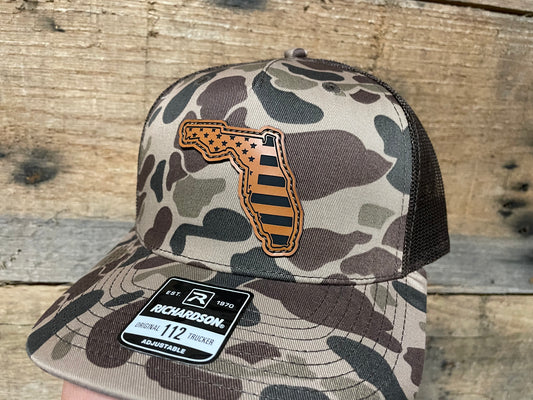 Florida Outline w/ US Flag Inlaid - Rawhide - Bark Camo