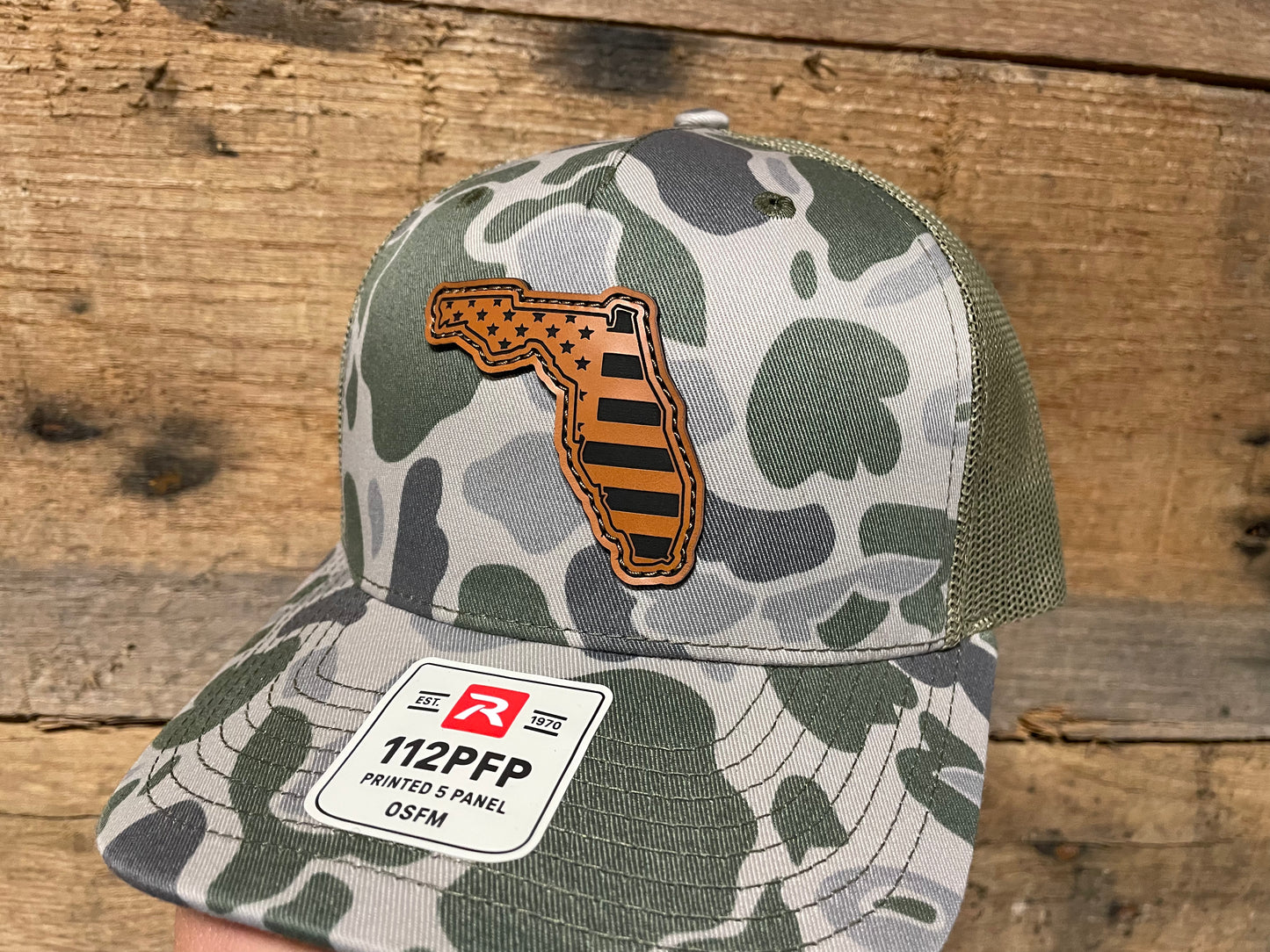 Florida Outline w/ US Flag Inlaid - Rawhide - Marsh Duck Camo