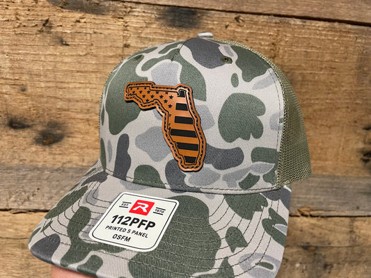 Florida Outline w/ US Flag Inlaid - Rawhide - Marsh Duck Camo